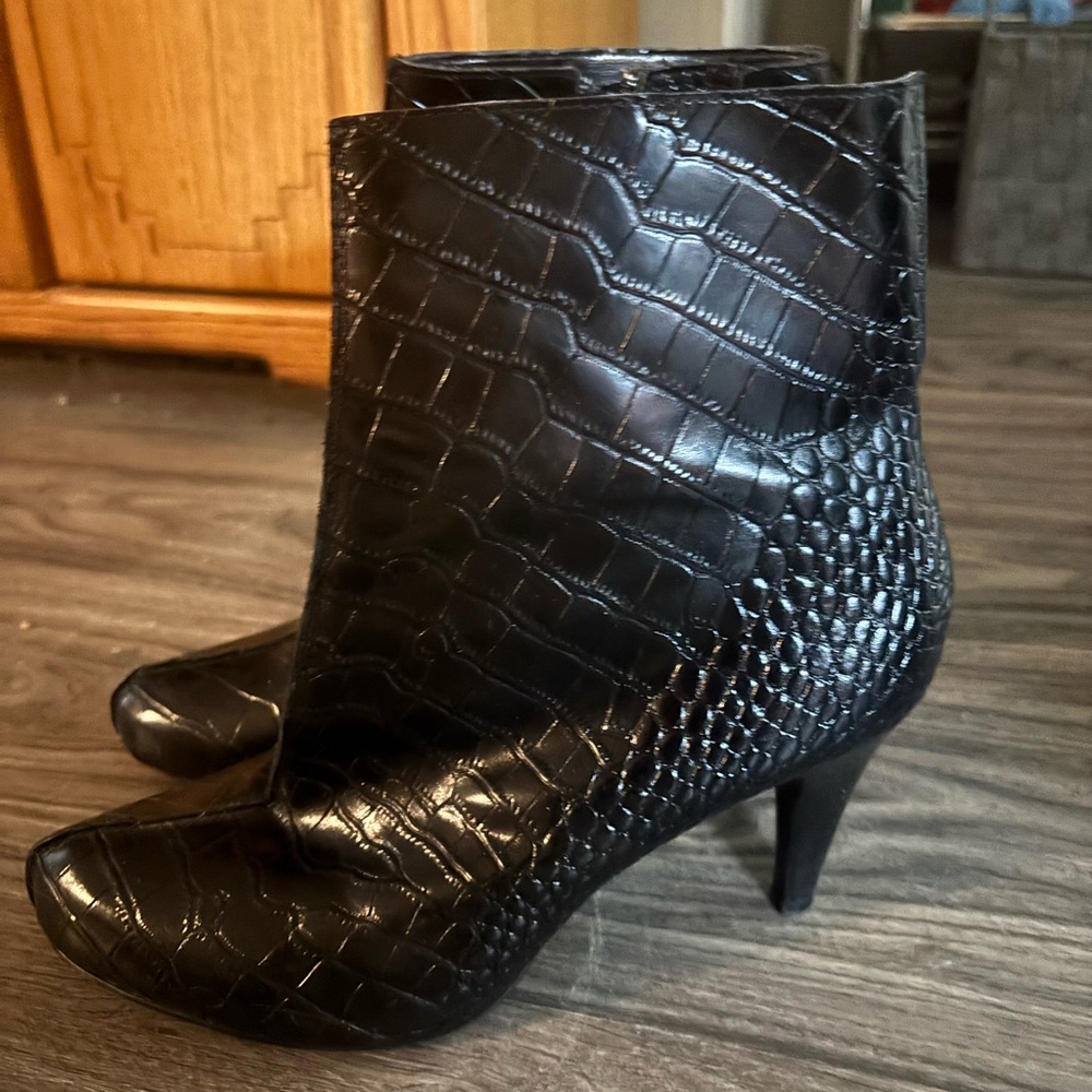 Black Croc-Embossed Ankle Boots